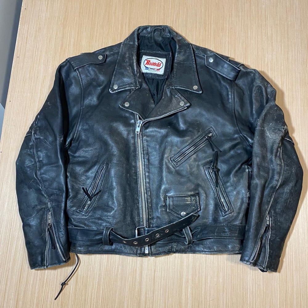 60s / 70s Highway Leathers Mens Black Leather Motorcycle Jacket Belted Biker